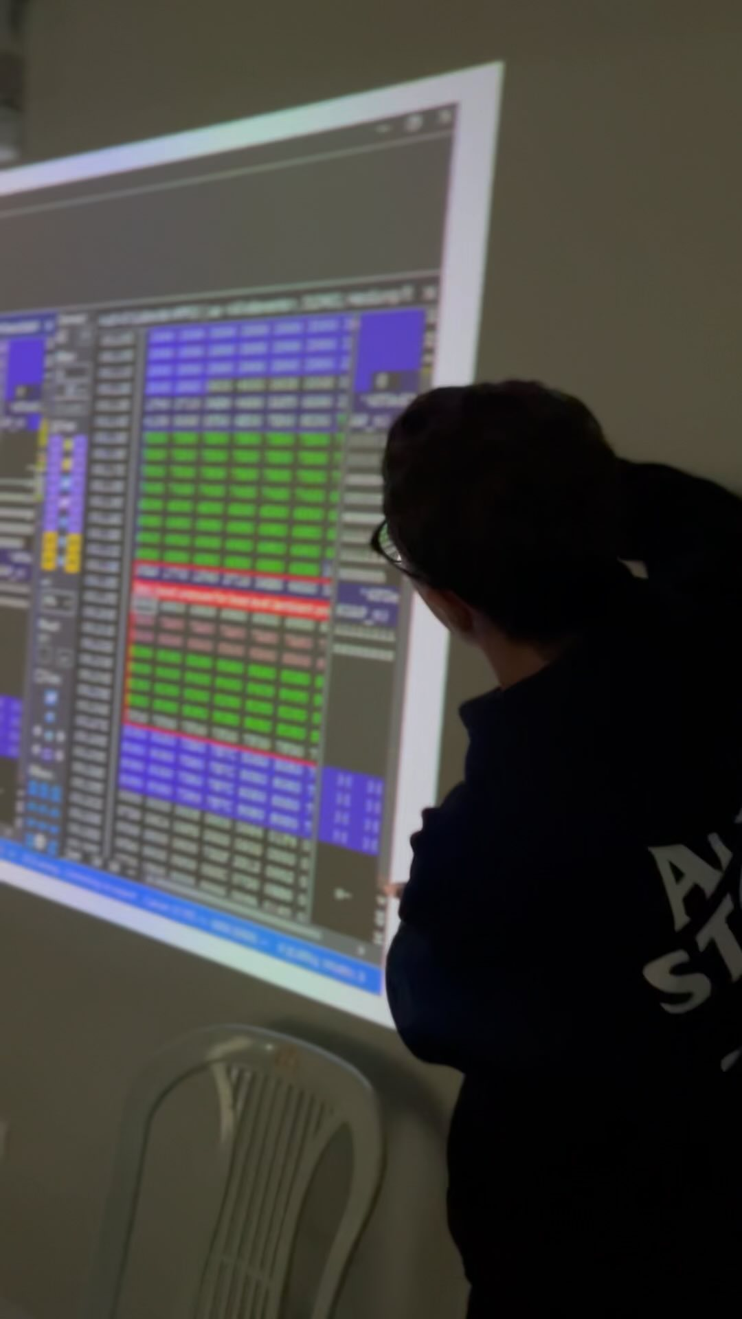 Sessão de treinamento com tela de dados de ECU projetada, em sala escura